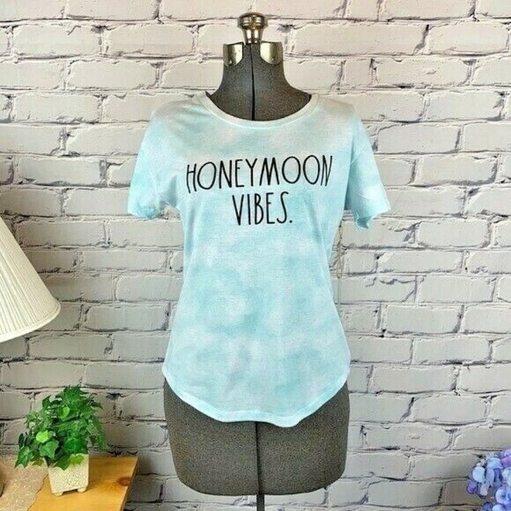 Rae Dunn Womens Honeymoon Vibes T Shirt Top Mint Green Clouds NEW